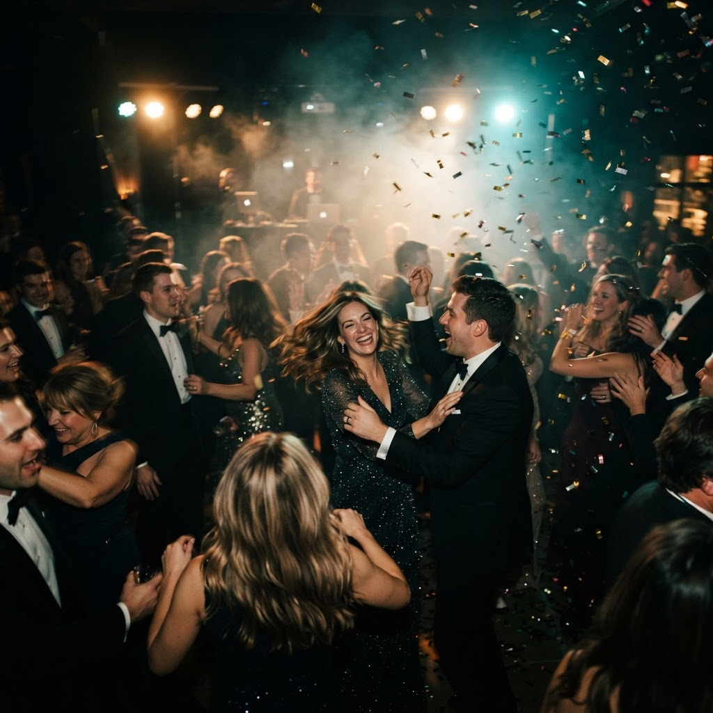 Guests dancing at a late-night celebration under dramatic light